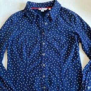 Boden navy jersey knit button down shirt blouse polka dots 6 petite EUC